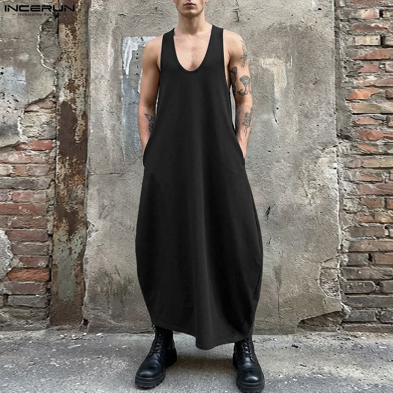 INCERUN Herren Damen Sommer Ärmellos Lässig Locker Lang Kleid Roben