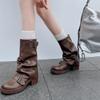 Cowhide Edition~ New Western Cowboy Boots Women's Pleated Stacking Boots Belt Buckle Medium Boots Pants Pants Knight Boots