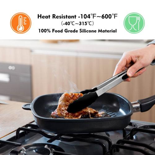 Hotec Tongs, Stainless Steel Kitchen Tongs, Silicone Tongs for BBQs and Grills, Heat-Resistant, Antibacterial, Lockable Storage, Set of 2 (Black), 23c