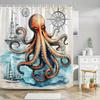 1pc Octopus Compass Sailing Ships Shower Curtain - Large Orange Octopus with Ships & Compass, Blue & White Nautical Fantasy Them