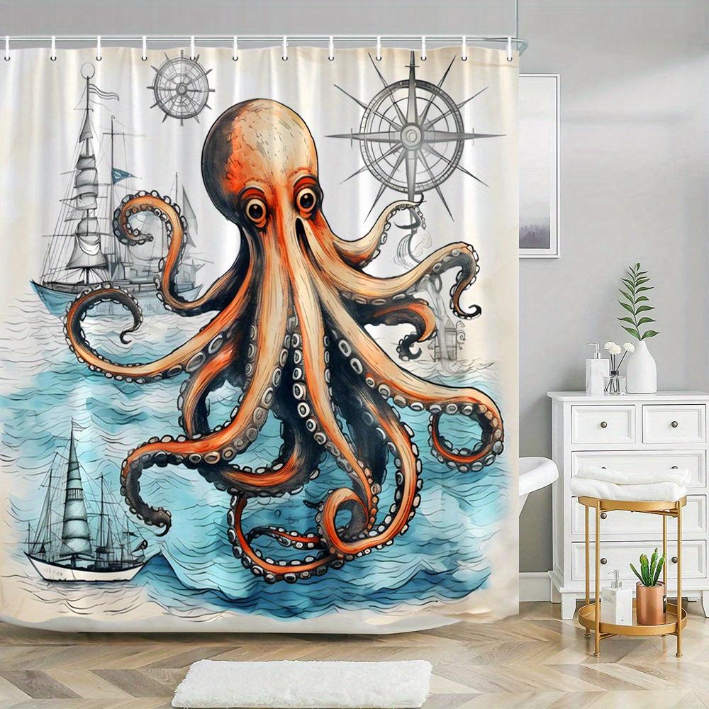 1pc Octopus Compass Sailing Ships Shower Curtain - Large Orange Octopus with Ships & Compass, Blue & White Nautical Fantasy Them