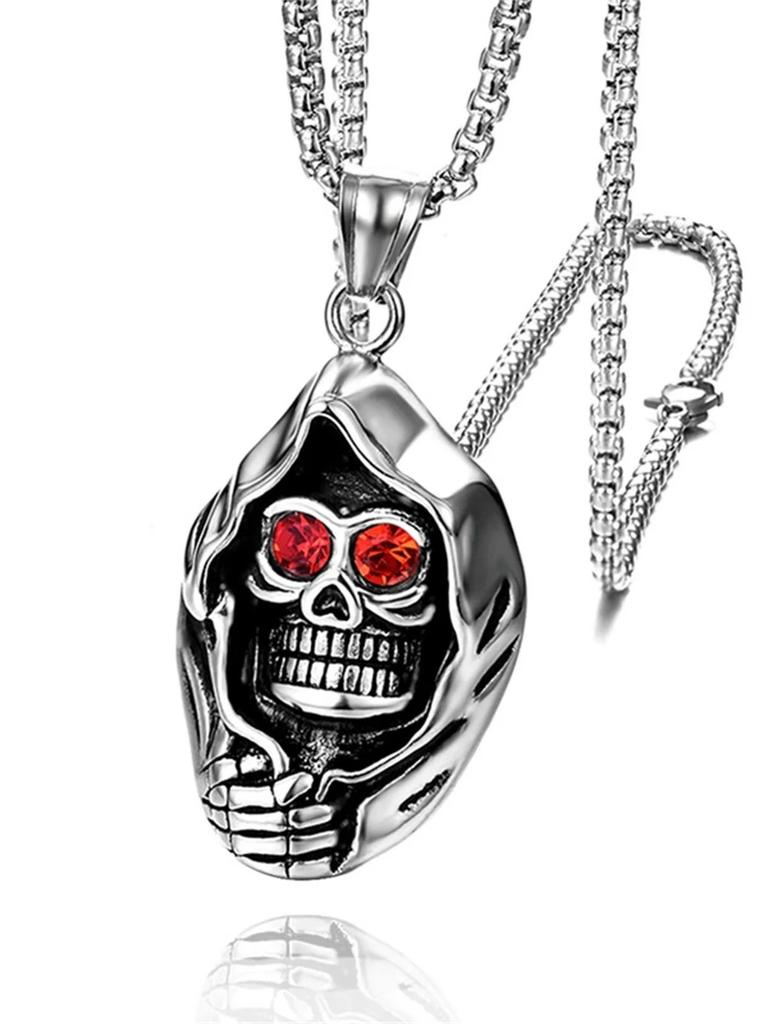 Santa Muerte Skull Pendant Necklace Stainless Steel with Red Zircon Eyes Our Lady of Holy Death Mexican Grim Reaper Punk Jewelry