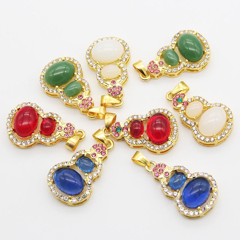 Gold-Inlaid Jade Gourd Pendant Necklace with Imitation Green Chalcedony and Diamond Enamel for Women