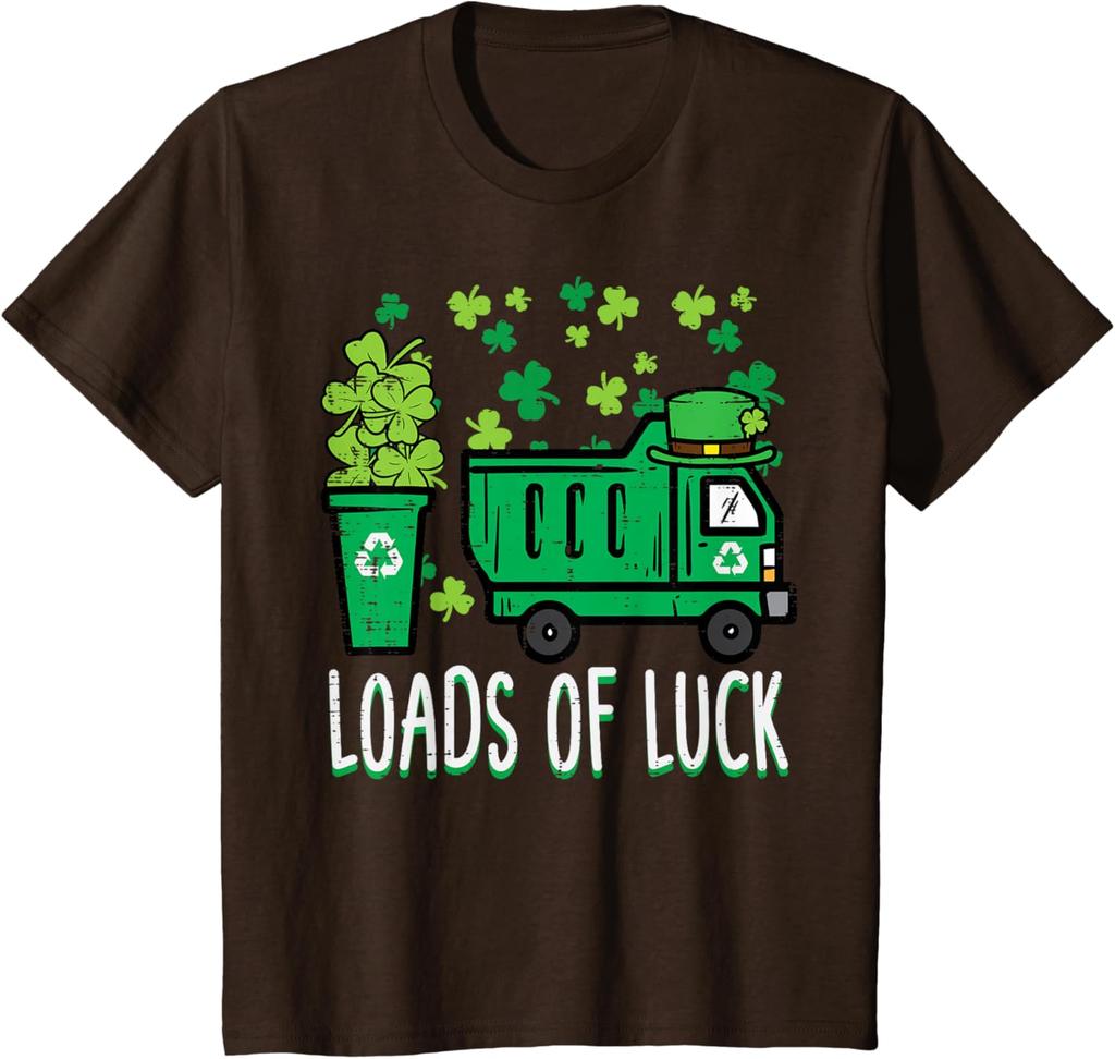 Garbage Truck Loads Of Luck St Patricks Day Graphic Tee Recycle Theme Short Sleeve T-Shirt