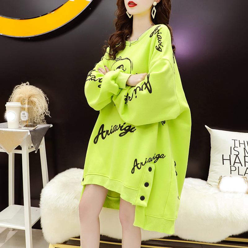 Spring Autumn Harajuku Printed Sweatshirts Women Round Neck Long Sleeve Mid-length Pullovers Korean Button Asymmetrical Tops