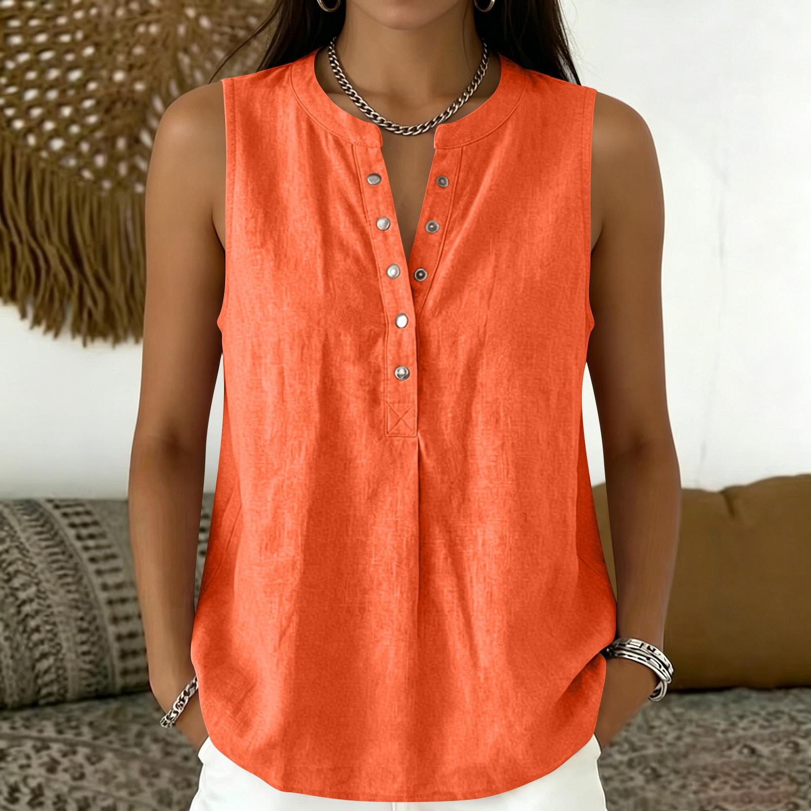 Women s V-Neck Sleeveless Top, Color Loose Casual Vest, Button Front Summer Blouse L