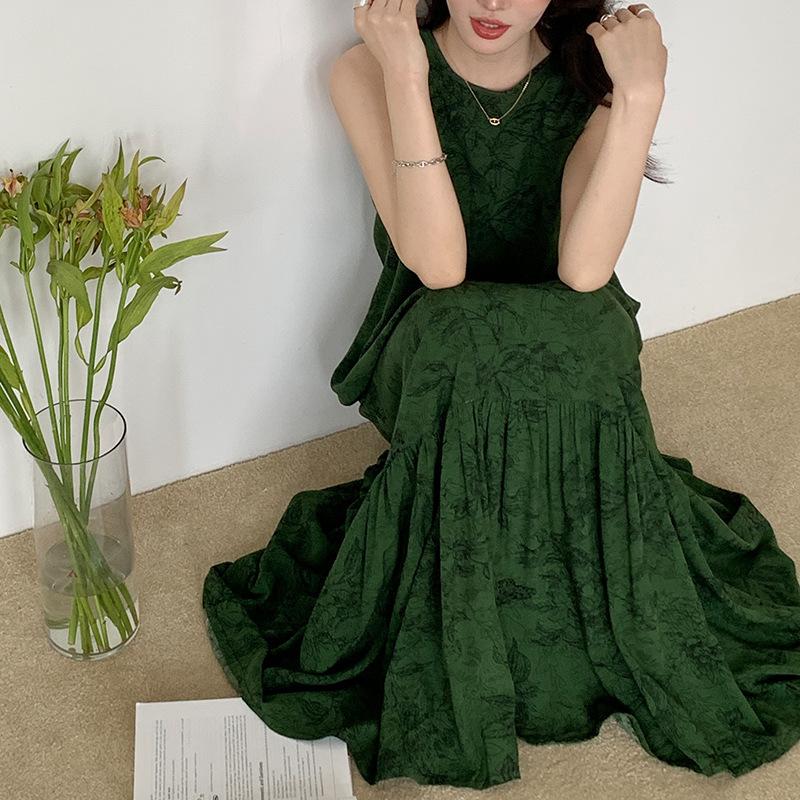 Robe de nuit sans manches en coton et soie pour femme, été, idyllique, ample, grande taille, peut être portée dehors, jupe fishtail en coton artificiel à fleurs