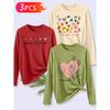 3Pcs Elegant Long Sleeve T Shirt Gift For Women Daily Leisure Nurturing New Life Soft Hearted Unique Print Pattern Set