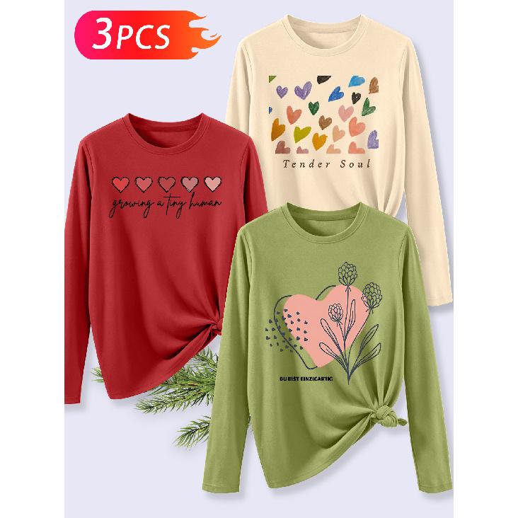 3Pcs Elegant Long Sleeve T Shirt Gift For Women Daily Leisure Nurturing New Life Soft Hearted Unique Print Pattern Set