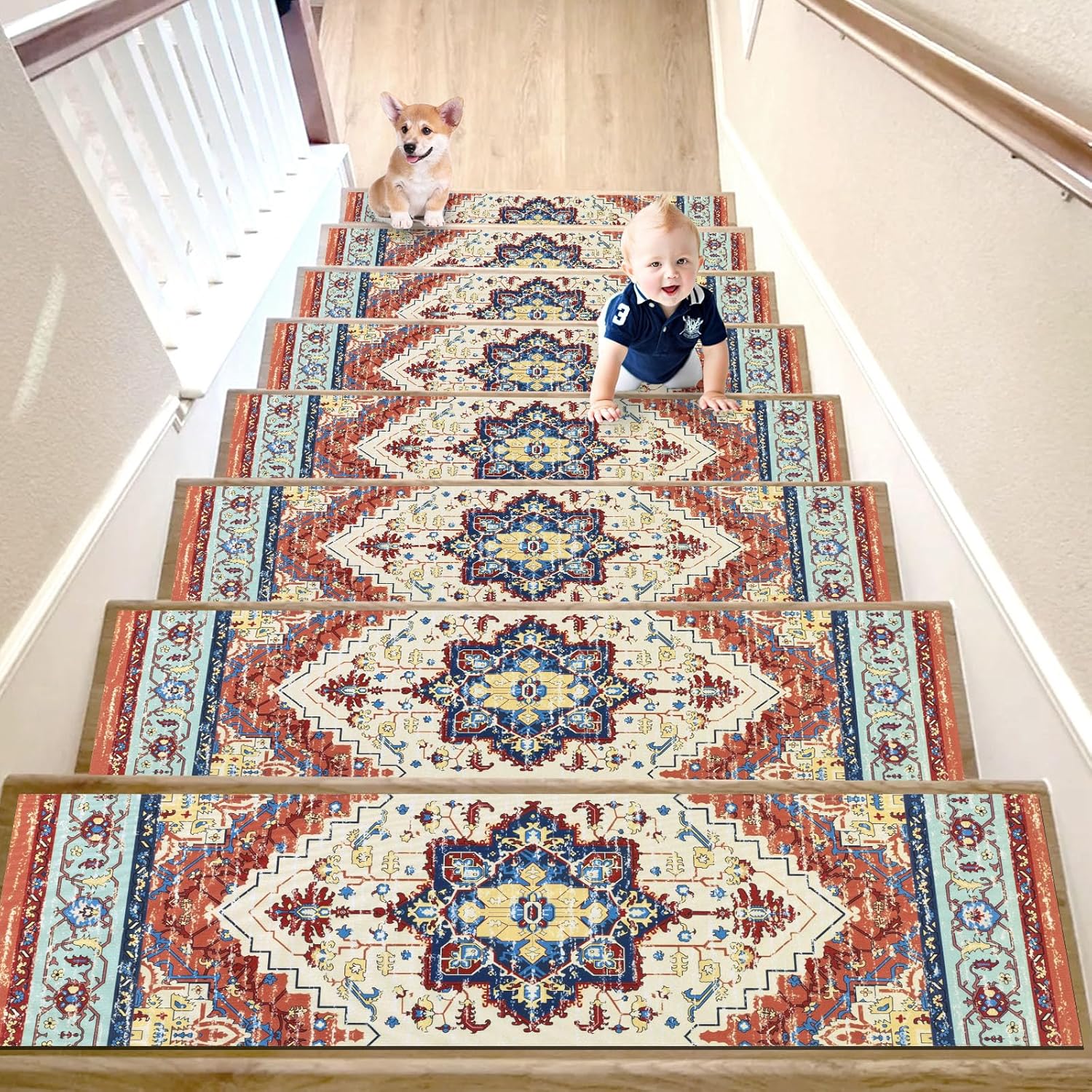 

VIKAMA 4/7/10/15pcs Wooden Steps Stair Treads Indoor Rubber Stair Carpet Dogs & Kids Stair Non-Slip Mats 4pc-20x76cm 8x30in