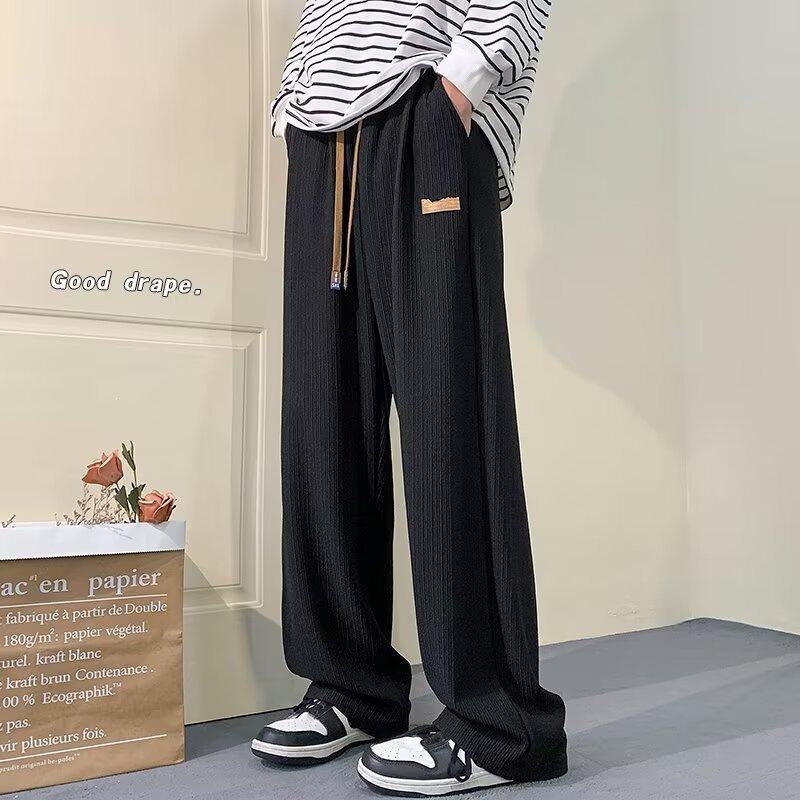 Unisex Solid Beige Elastic Waist Drawstring Pleated Wide Leg Casual Pants M чёрный