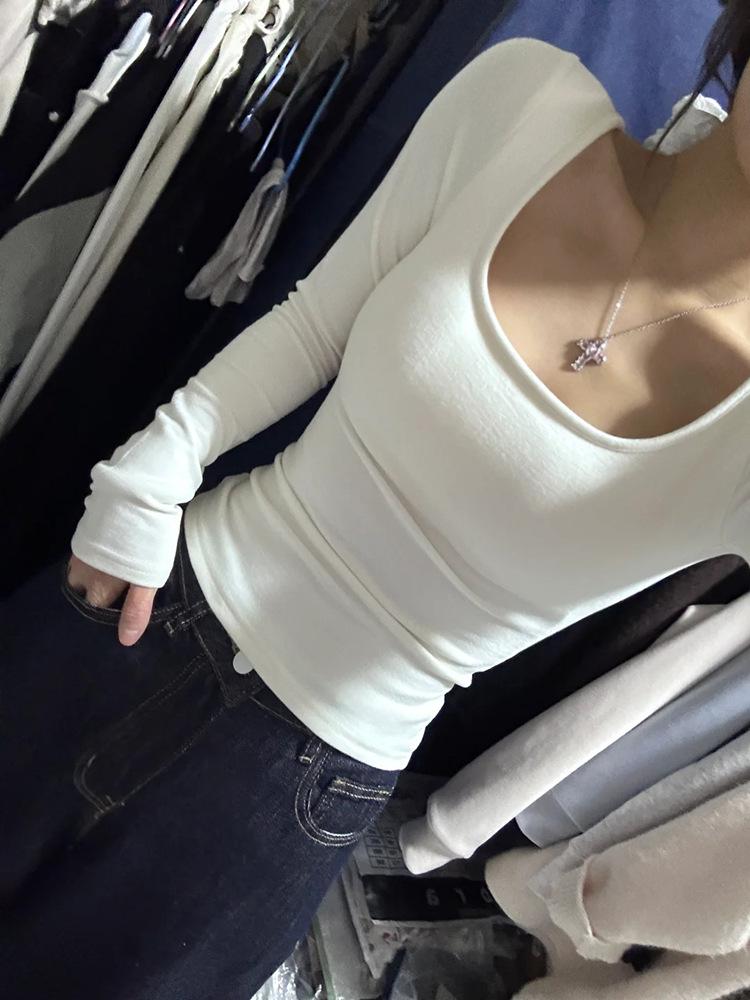 Women's Spicy Girl White Square Neck Slim Fit Long Sleeve Top - Autumn Winter Base Layer