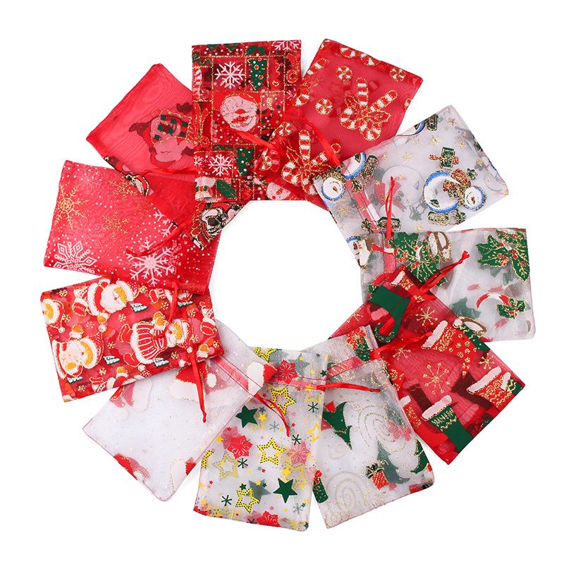100pcs Christmas Drawstring Gift 10x15 13x18 Cm Printed Pattern Snow Yarn Christmas Yarn Bag Candy Gift Wrap Bag