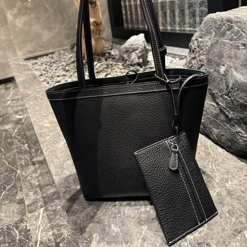 

2025 New Style Genuine Leather Womens Bag Top Layer Cowhide TR Highlight Color Blocking Tote Bag Simple Retro Style Cross-Border 21 (Bag Mouth 34) x 21 x 14CM чёрный