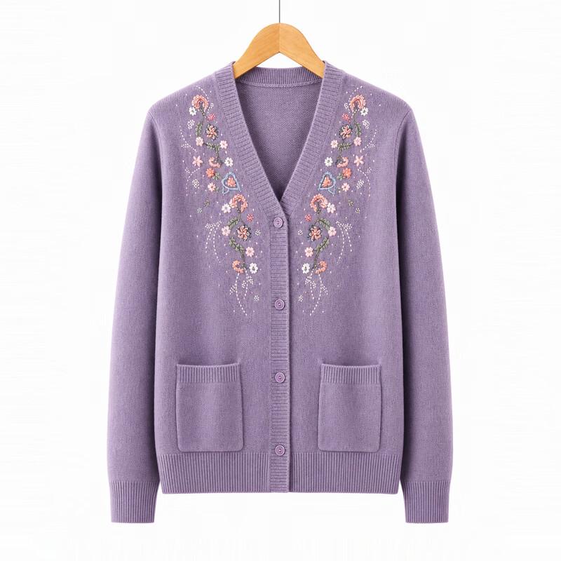 Women's V-Neck Embroidered Rhinestone Knit Cardigan for Mature Ladies