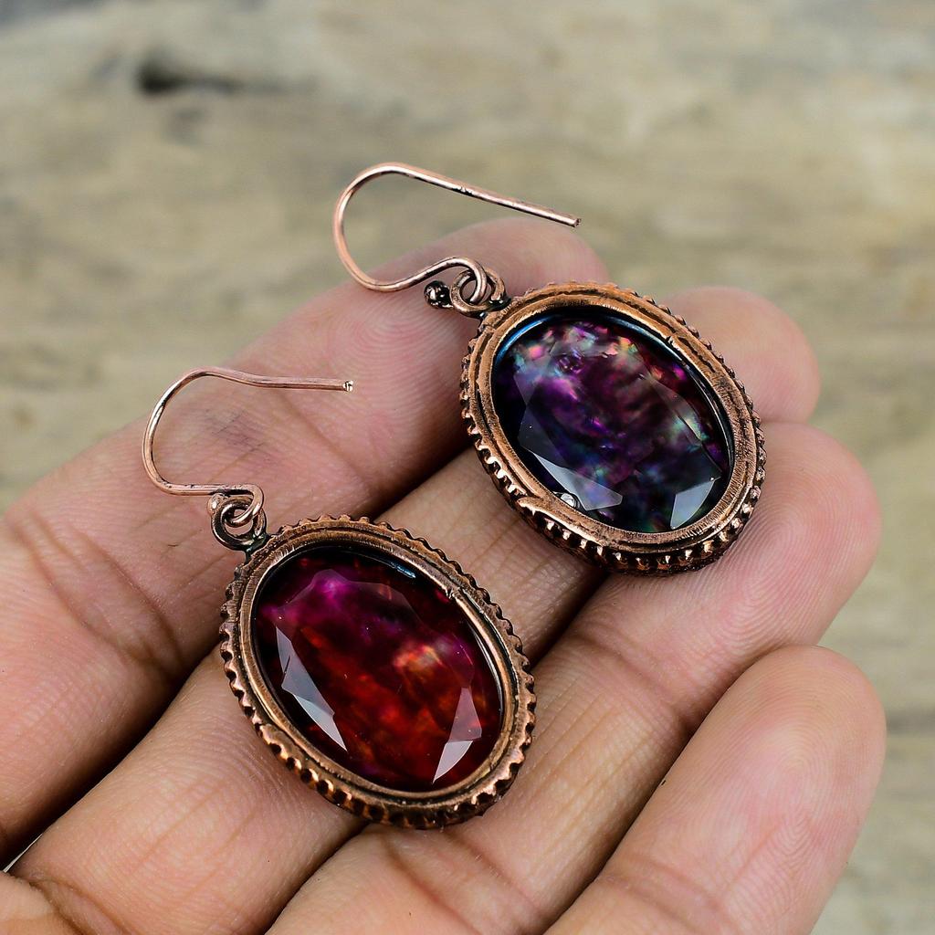 Faceted Ammolite Earring Electroformed Copper Earrings Gemstone Jewelry Dainty Earrings Handmade Earring Electroformed Jewelry Gifts For Her