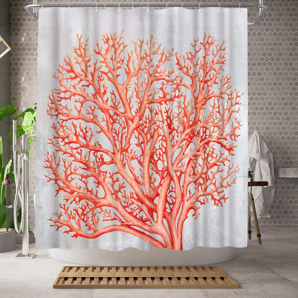 Nautical Shower Curtain Coastal Coral Bathroom Decoration Polyester Fabric Shower Curtain Orange and Grey 180x180cm
