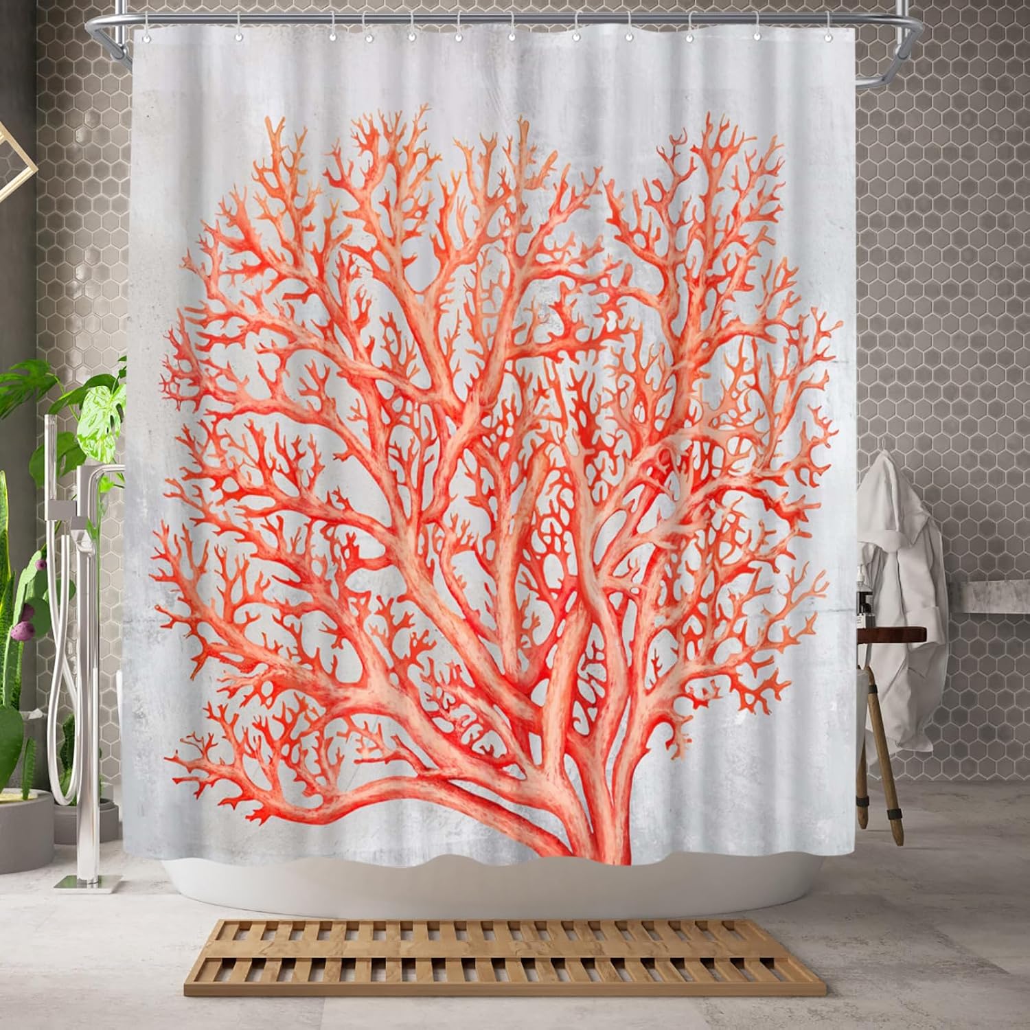 Baifenbai Home Furnishing Coral/Orange/Grey Nautical Shower Curtain Coastal Bathroom Decoration Polyester Fabric Shower Curtain And 180X180cm
