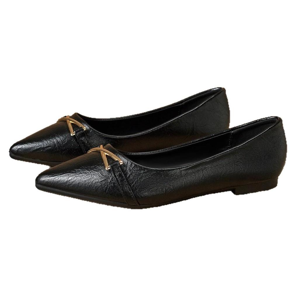 Women's Black Pointed Toe Flats with Metal Buckle, Soft Sole, Perfect for Long Standing, Low Cut Design