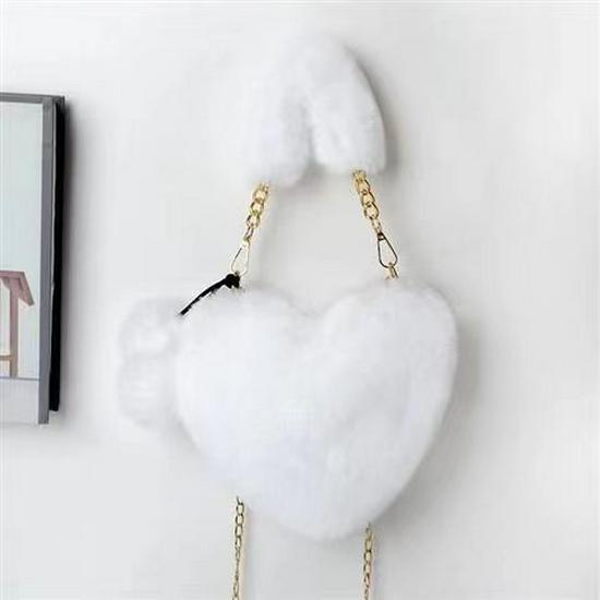 Peach Heart Fluffy Crossbody Bag - Faux Rabbit Fur, Plush Chain Design
