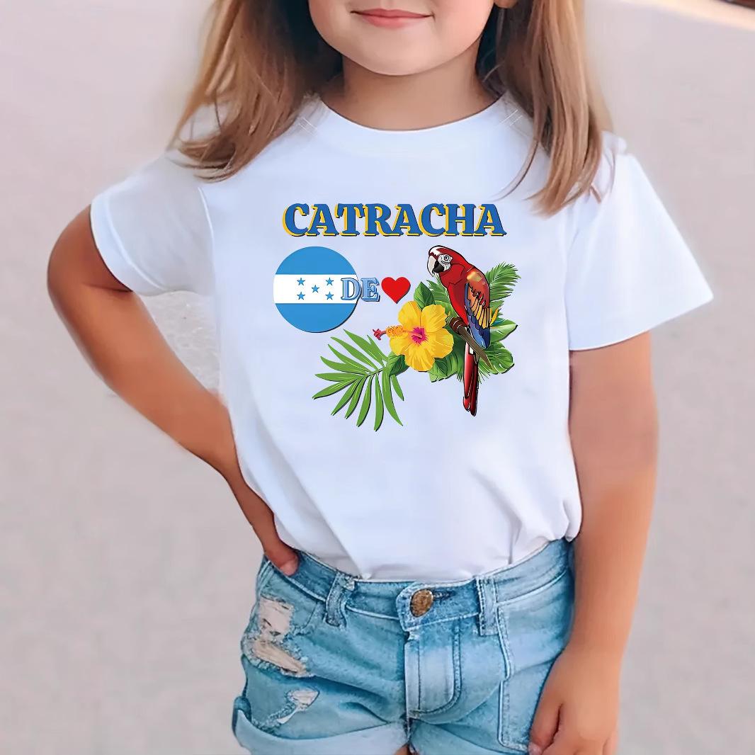 

Girls Casual Parrot Patterned T-shirt for Summer, Children s Fashionable Short-sleeved T-shirt 1-2Y белый