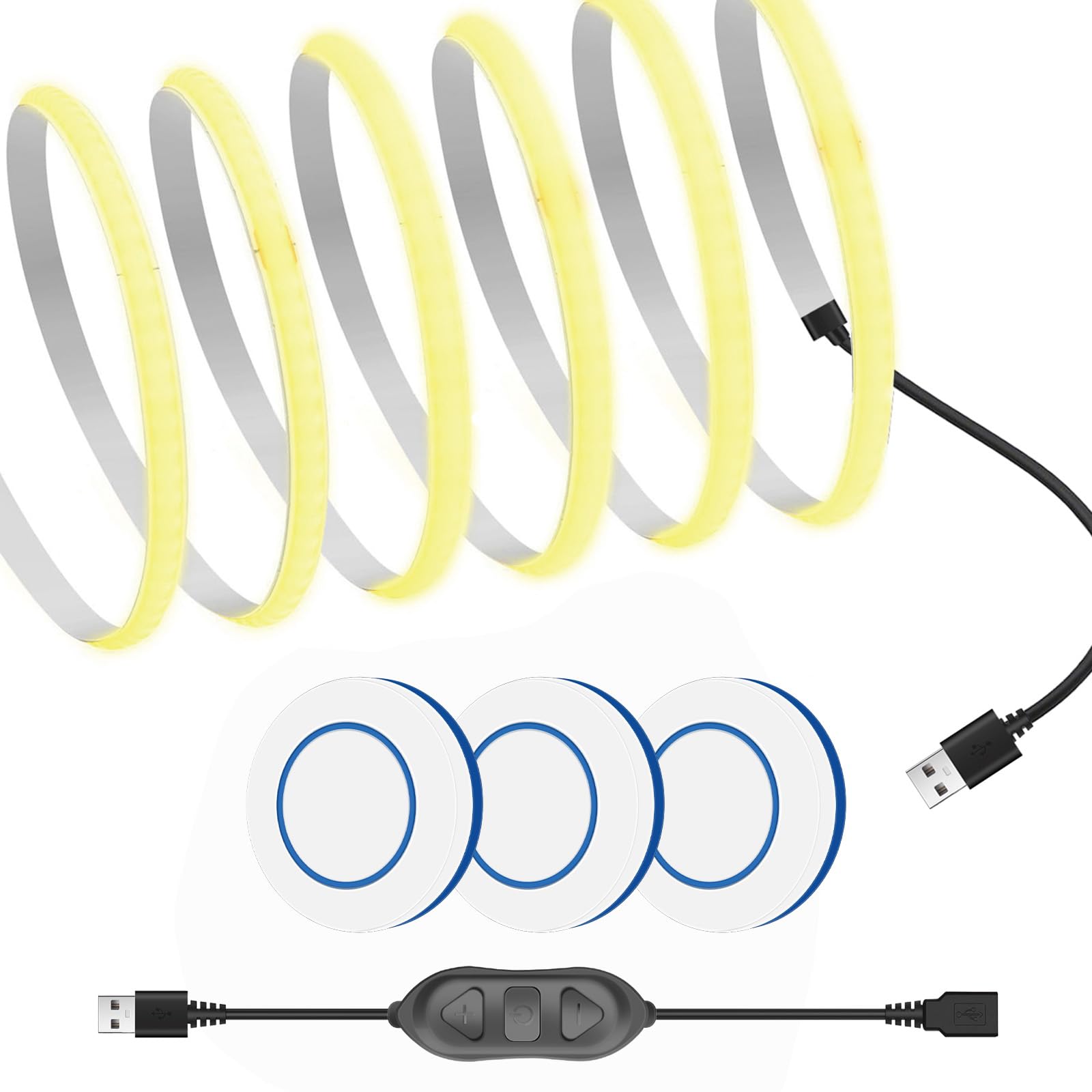 

[RYE] COB Flexible LED Strip Light, 5V USB, 5mm Wide, 0.5m, 320 LEDsm, 6000K White Light, with 3 Round Button Remote, Double-Sided Tape, Deformable