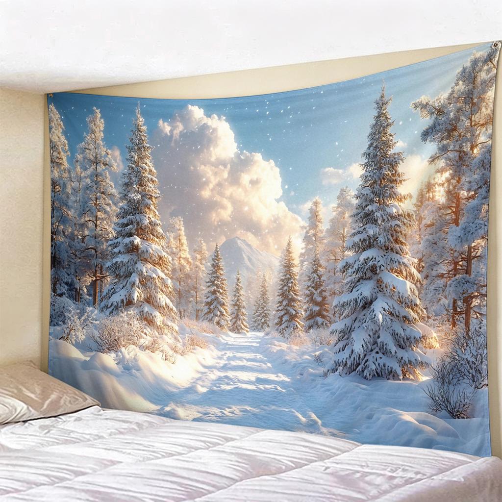 Christmas Psychedelic Tree Landscape Tapestry, Glowing Pink Forest Wall Hanging, Mystical Moon  River Backdrop for Room Decor