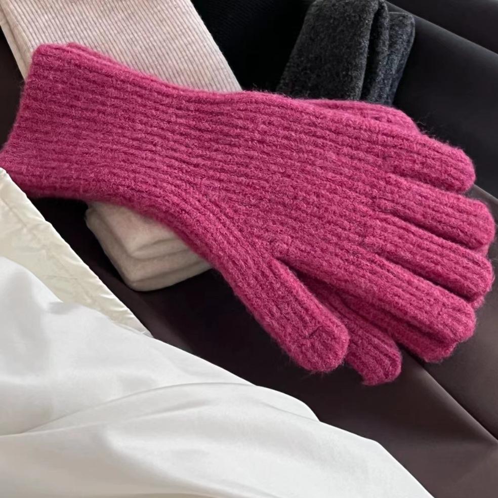 Solid color gloves, winter women's dew finger mobile phone touch screen wool knitting thickened warm couple fashion wholesale