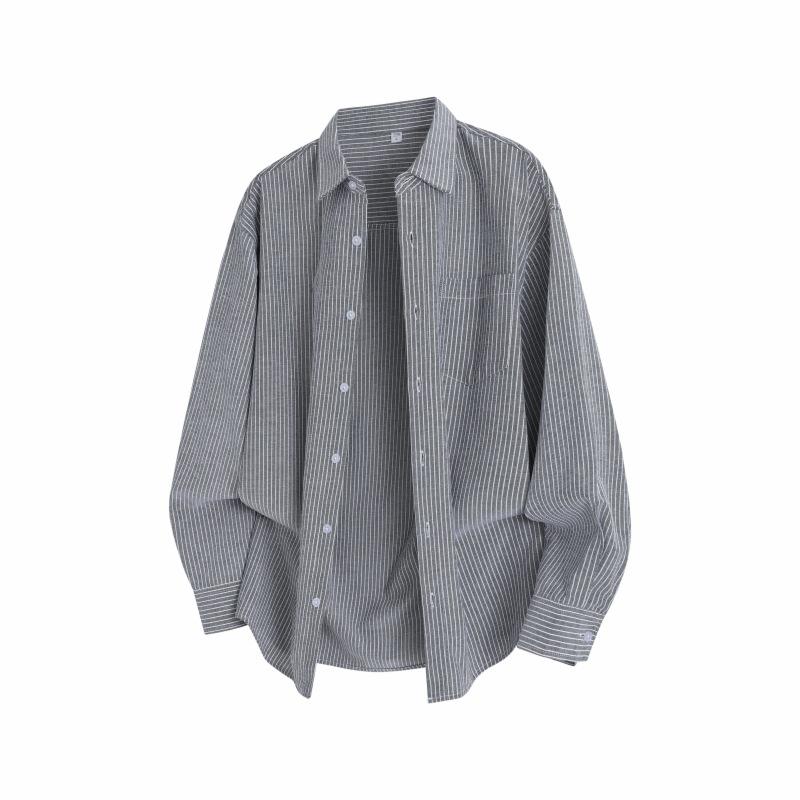 

Весенне-осенняя мужская полосатая рубашка с длинным рукавом, мужская повседневная свободная рубашка-куртка с лацканами 3XL светло-серый