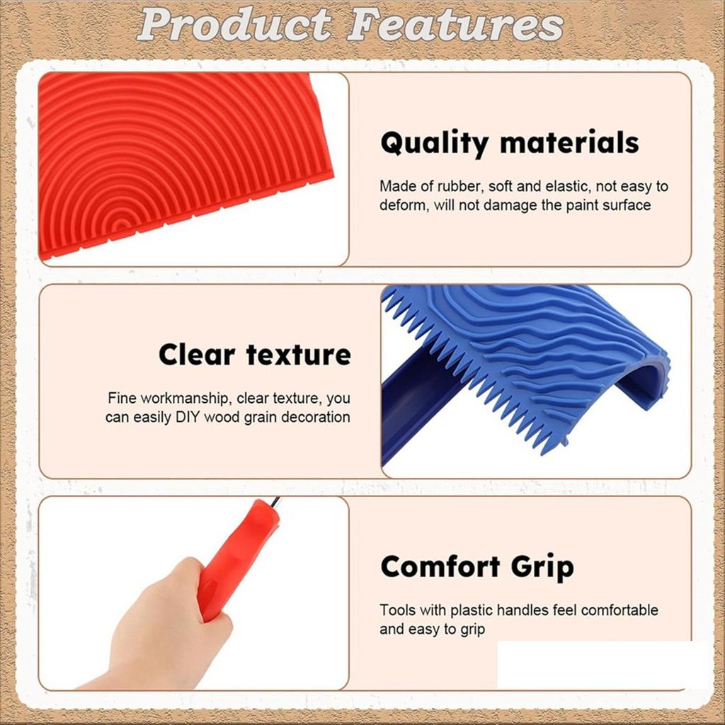 2025+ Wood Grain Tool Set - Wood Grain Painting Roller with Handle for Wall Floor Deck Furniture DIY Room Decoration