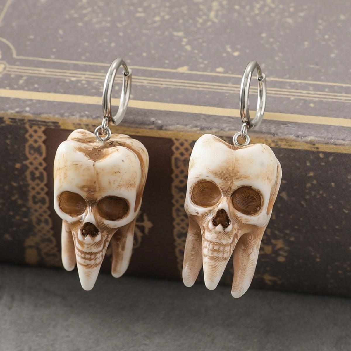 Lucky Star Jewelry Women's Creative Halloween Resin Teeth Skull Shaped Drop Earrings Unique Skeleton Earring For Men Gothic Statement Jewelry Gift