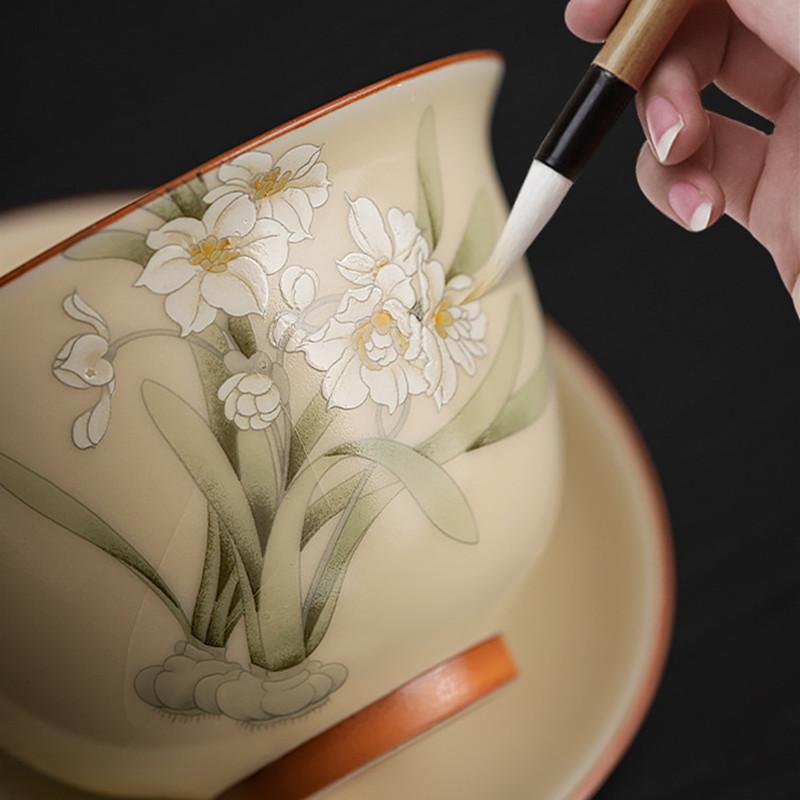 Čínská béžová Ru Kiln Čaj Tureen Šálek na čaj Ručně malované květiny narcisů Keramická čajová miska Gaiwan pro domácnost Cestovní konvice na čaj Čajovač