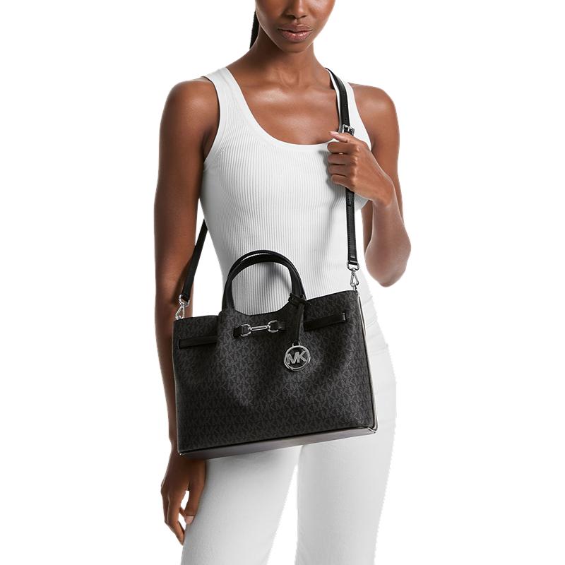 Michael Kors MK Carson Silver Buckle Logo Print Faux Leather Tote Bag Women tote bags Black 35S5S2ZS3B-BLACK