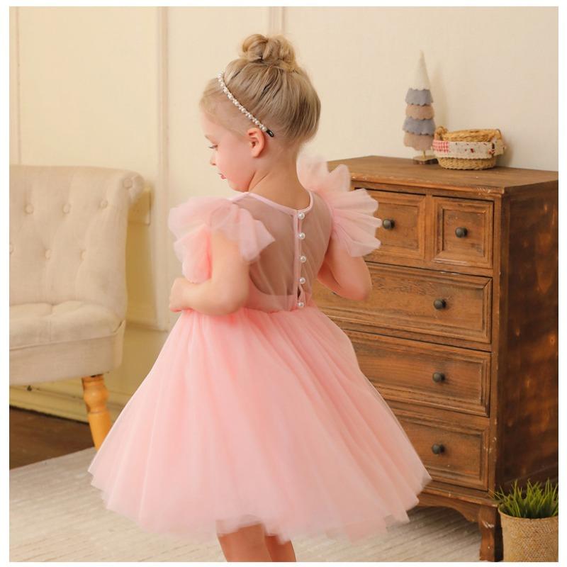 Little Girls Princess Tulle Flying Sleeve Flower Girl Party Performance Dress Gown