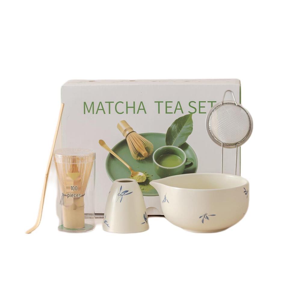 Japanese Forget-Me-Not Ceramic Matcha Bowl Set with Whisk & Spoon - Inspired by Song Dynasty