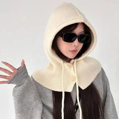 Korea Wintermützen und Schal-Set mit Knopfschal Sturmhaube Warmer Hals-Set Damen Gestrickte Woll-Pullovermütze Gothic Y2k