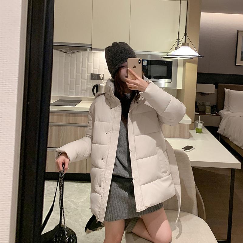 

Новая зимняя женская куртка с хлопковой подкладкой, однотонная, с новым поясом, утолщенная, со стойкой воротником, короткая, высокого класса XL белый