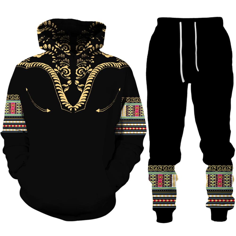 Afrikanischer Dashiki-Hoodie/Anzug für Herren, lässig, 3D-gedruckt, Ethno-Stil, Sweatshirt, Hose, Set für Herren/Damen, Folk-Custom Streetwear-Trainingsanzug