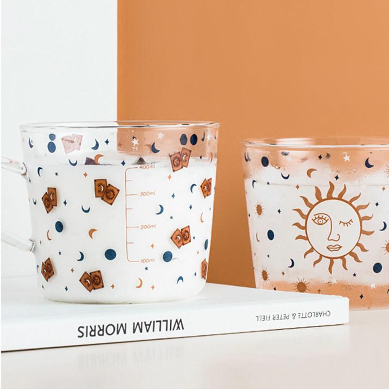 500ml Sun Eye Pattern Glass Mug with Scale Creative Breakfast Coffee Milk Cup Household Couple Water Drinkware Fun Gift