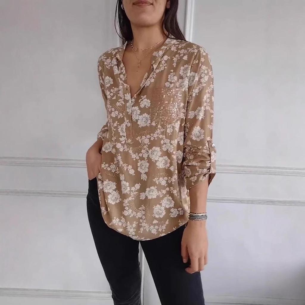 2025 Spring/Summer Women's Loose Casual Long-Sleeve Sequin Pocket Print Shirt