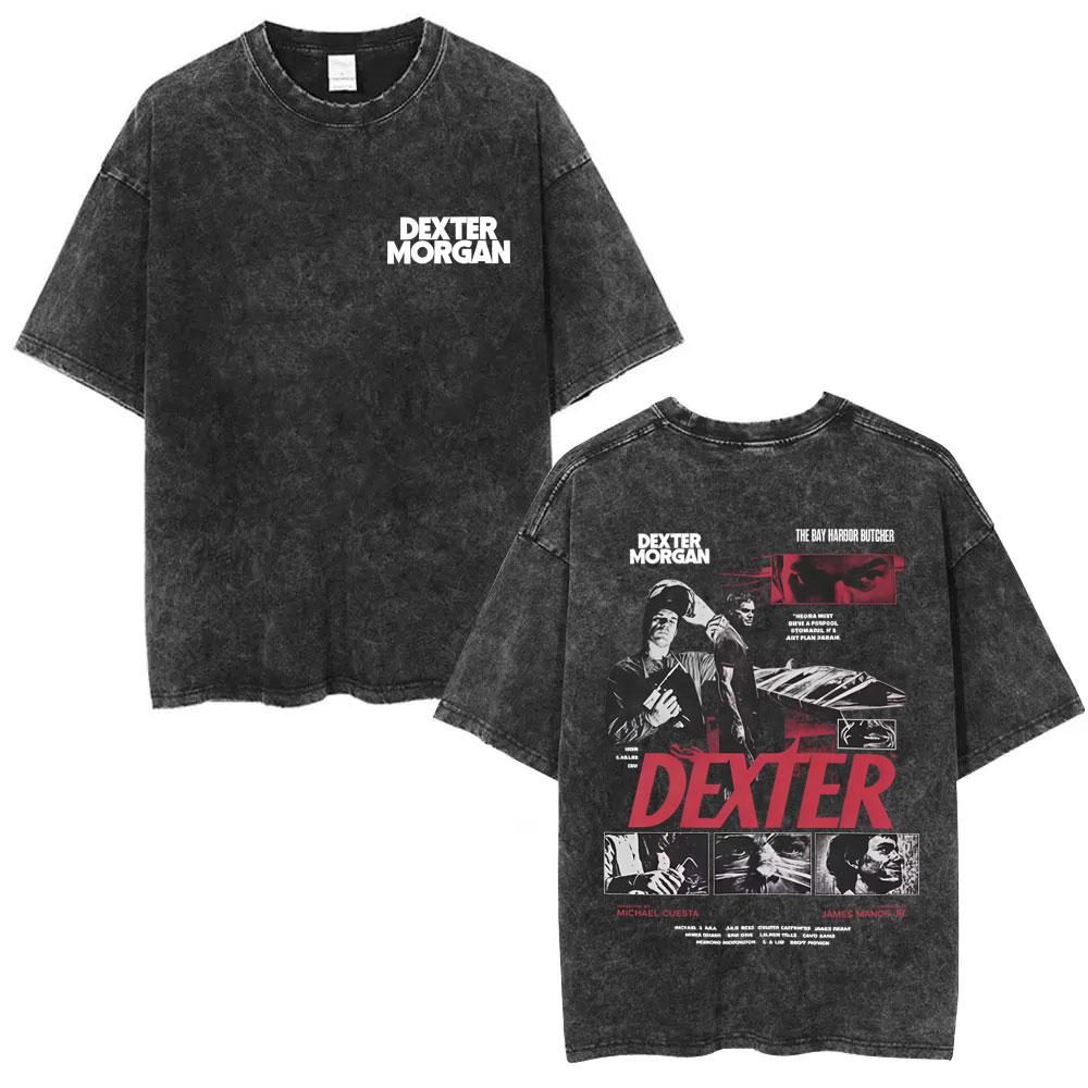 Washed Vintage TV Play Dexter Morgan Face Graphic Tshirt Men Women Casual Cotton Oversized T Shirt Male Classic Gothic Tshirts