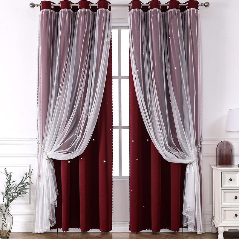 Lace Blackout Curtains Double Layer with Sheer Star Pattern Embroidery Thermal Insulated Curtain Princess Curtain Luxury Double Layer Curtains