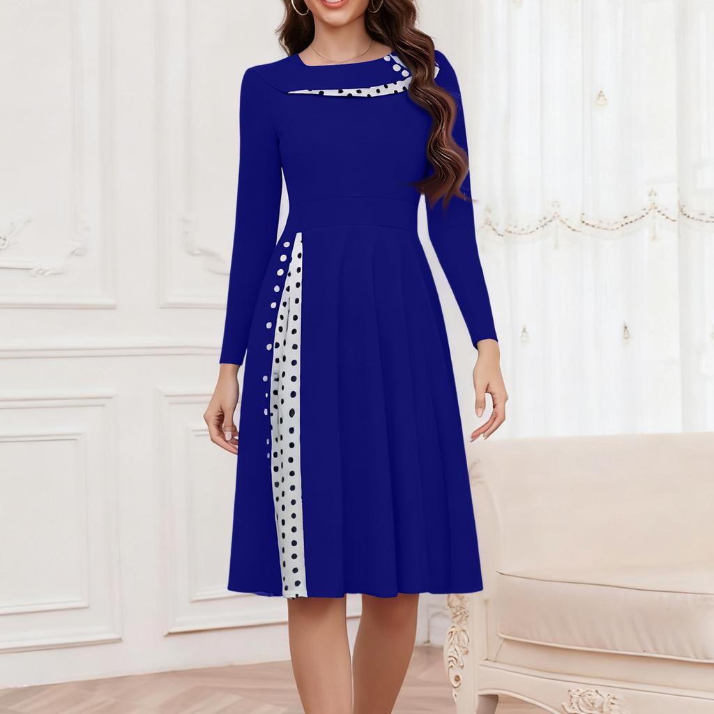 Ladies' Fashionable Retro Long Sleeved Round Neck Polka Dot Printed Dot Dress