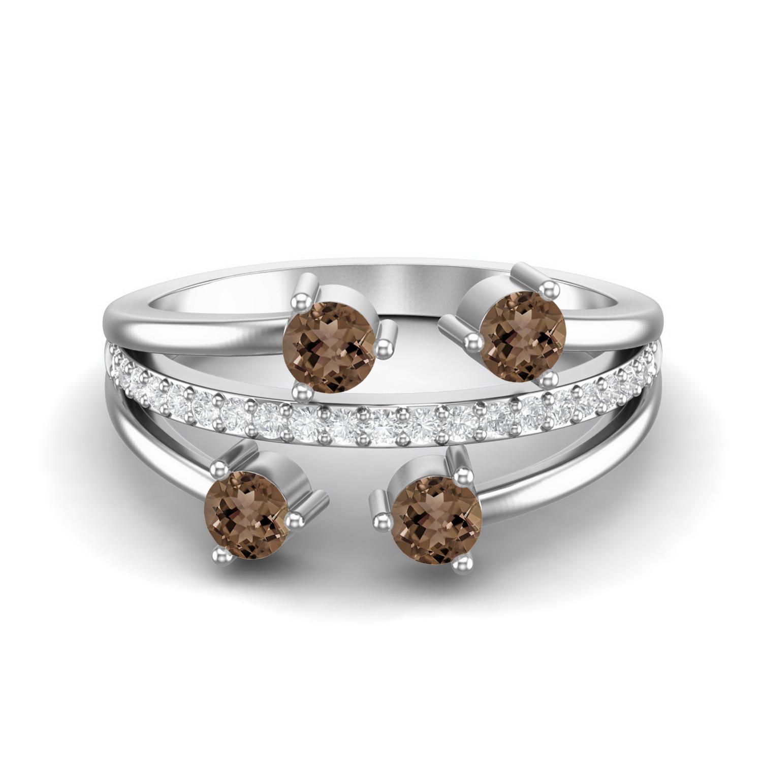 0.78 Ctw Round Smoky Quartz 925 Sterling Silver Four Stone Women Wedding Ring 9 белый
