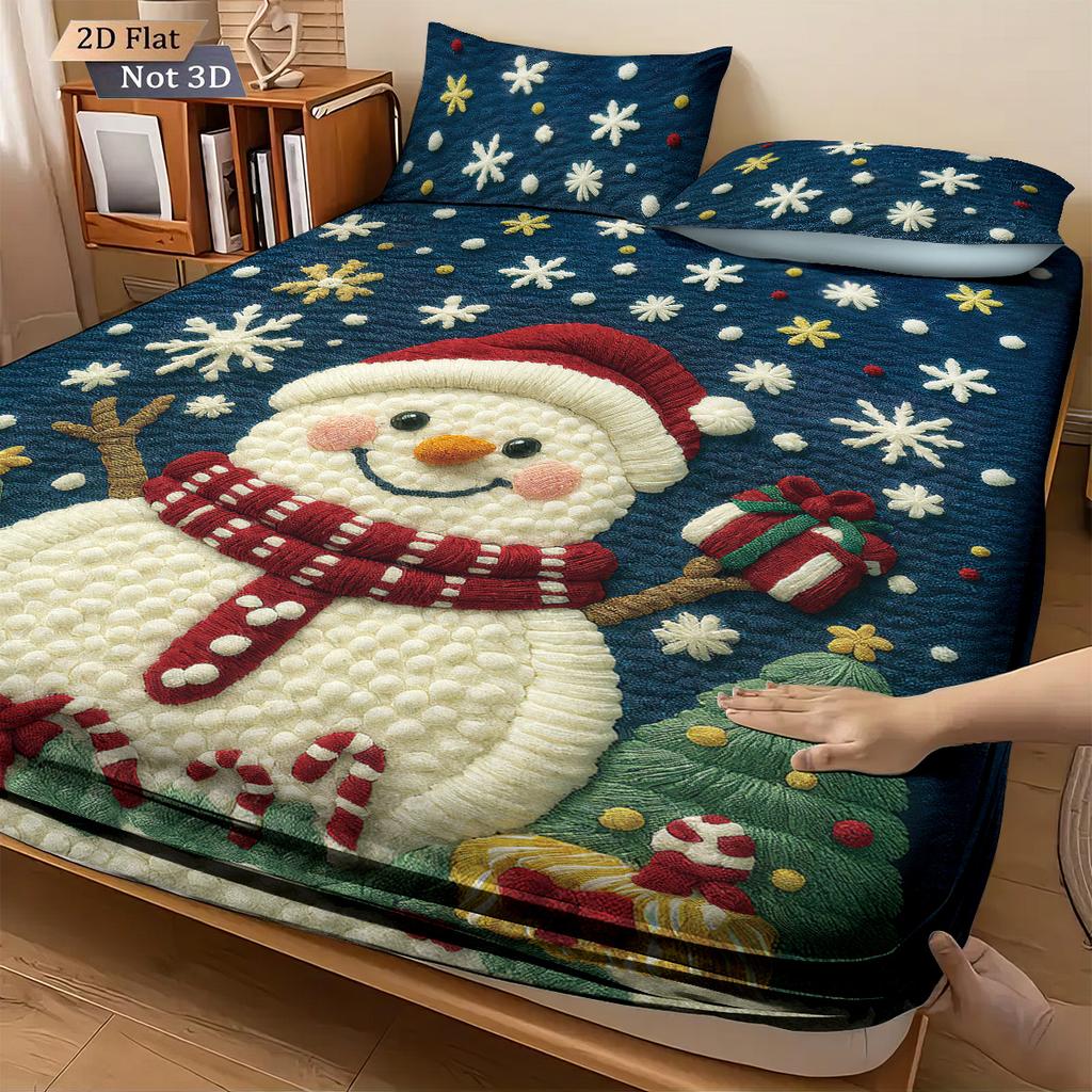 3-teiliges Frohe Weihnachten Schneemann-Druck Kernloses Bettlaken-Set Mehrere Größen Bequeme Bettdecke Schlafzimmer Bettwäsche Feiertagsdekoration