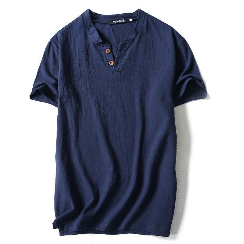Men's Large-Size Chinese Style Casual T-Shirt - Solid Color  Imitation Cotton and Linen Short-Sleeved