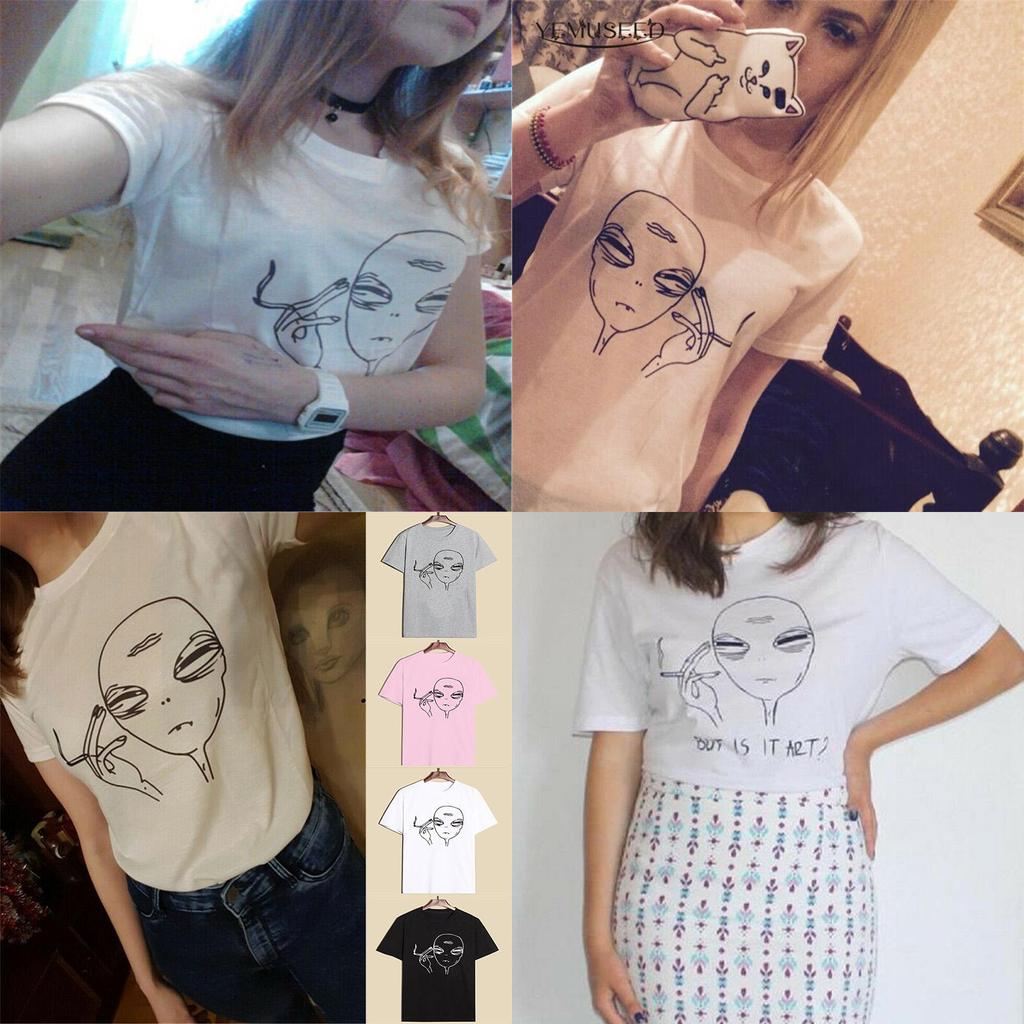 Premium Quality Alien Smoking T-shirt Funny Graphic Print Tees For Women