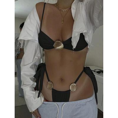 Push Up Tvådelade Bikinis Dam Badkläder Badkläder Sexig Snäckskal Set Trosa Biquini Badkläder Enfärgad Strandkläder