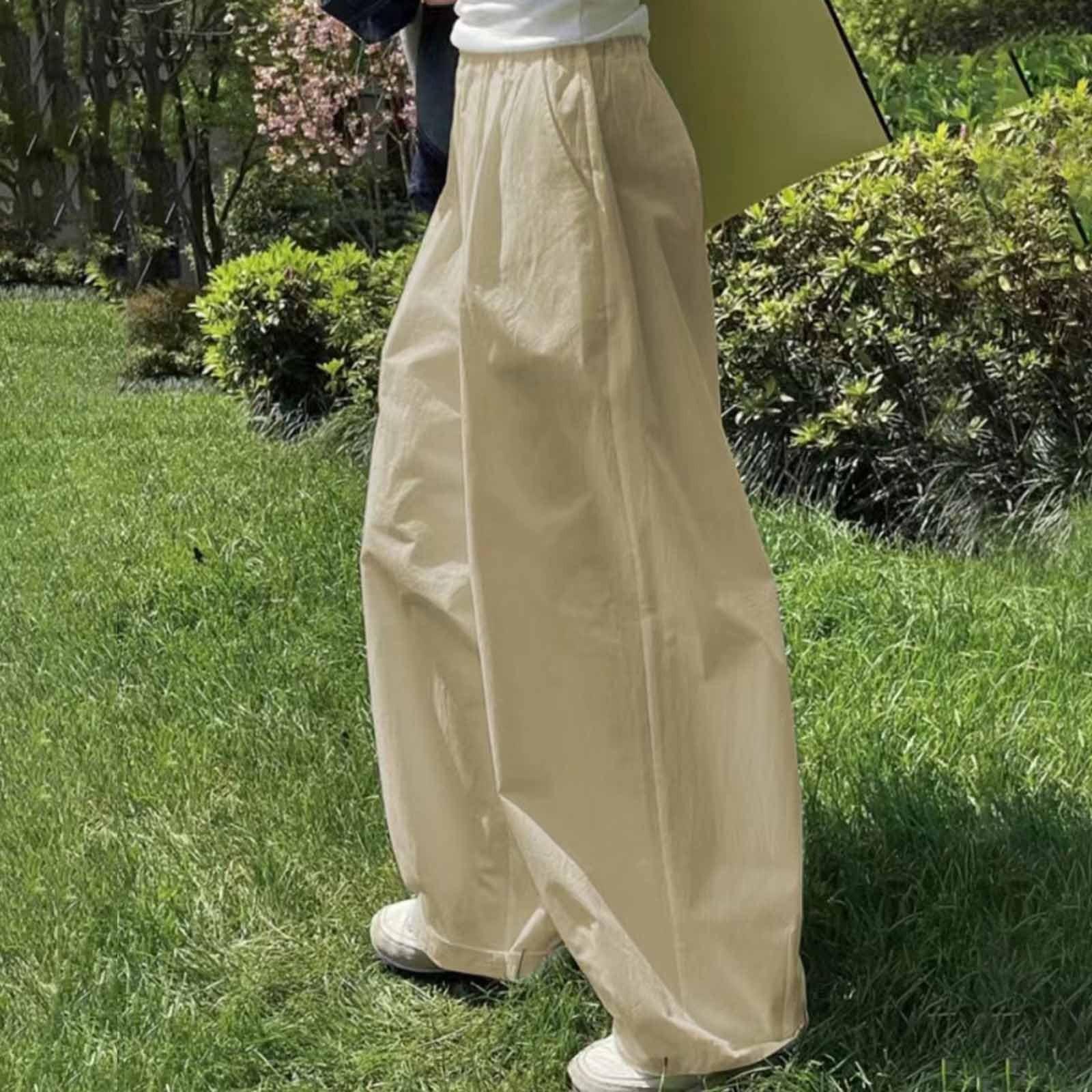 

Women s Summer Baggy Pants Casual Solid Elastic Waist Wide Leg Loose Trousers With Pockets S хакі