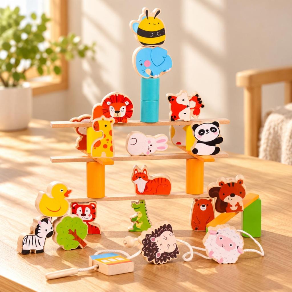 Wooden Animal Bead Threading Toy Preschool Lacing Beads Set Screen-Free